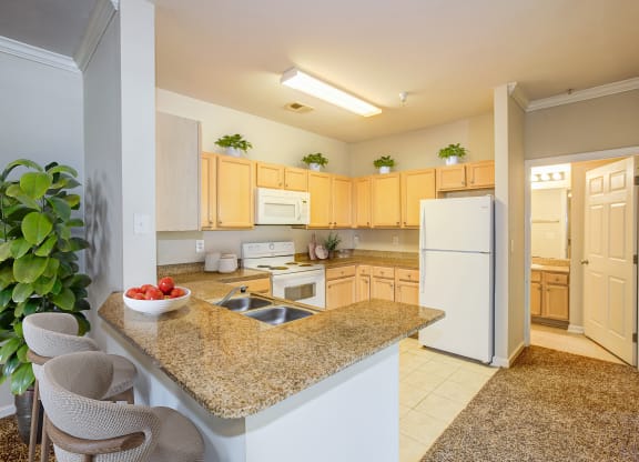 a kitchen with a granite counter top at Village on the Lake Apartments, Spring Lake, North Carolina